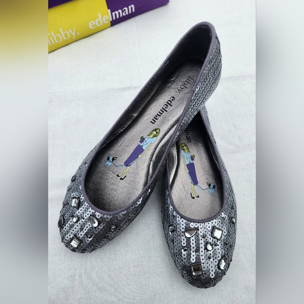 Libby. Edelman Gray Sequin & Gem Ballet Flats Size 10 New in Box